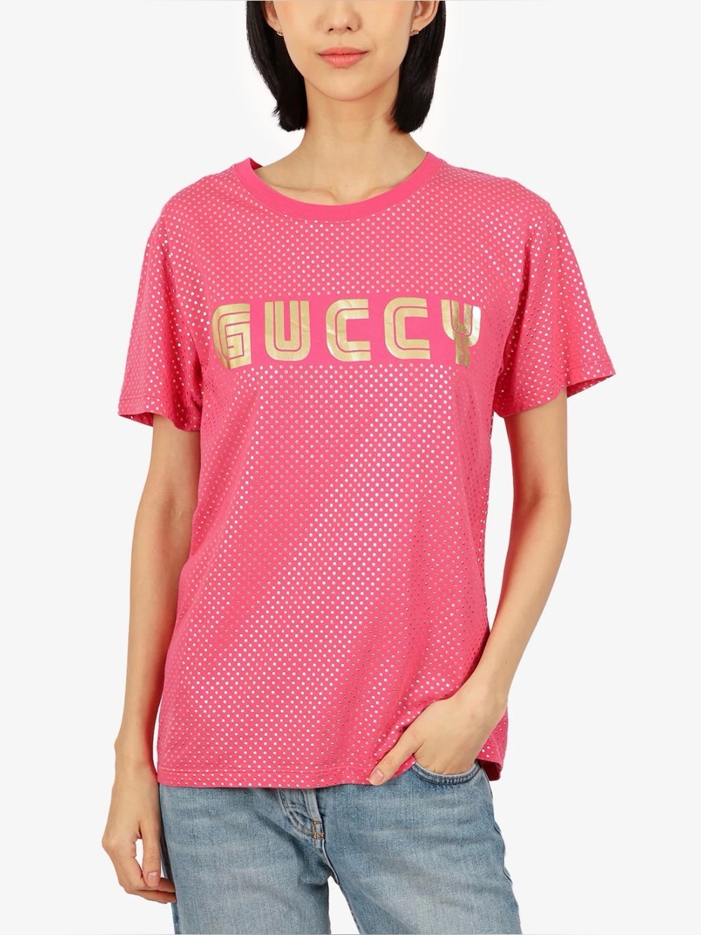 Gucci Pink Cotton T-Shirt with GUCCY marked in gold foil letters